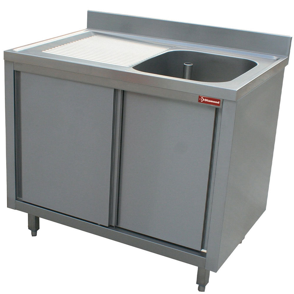 Spültisch 1 Becken 600x500x275, Ablauffläche links, auf Unterschrank mit 2 Schiebetüren. - L1411S-AS-D