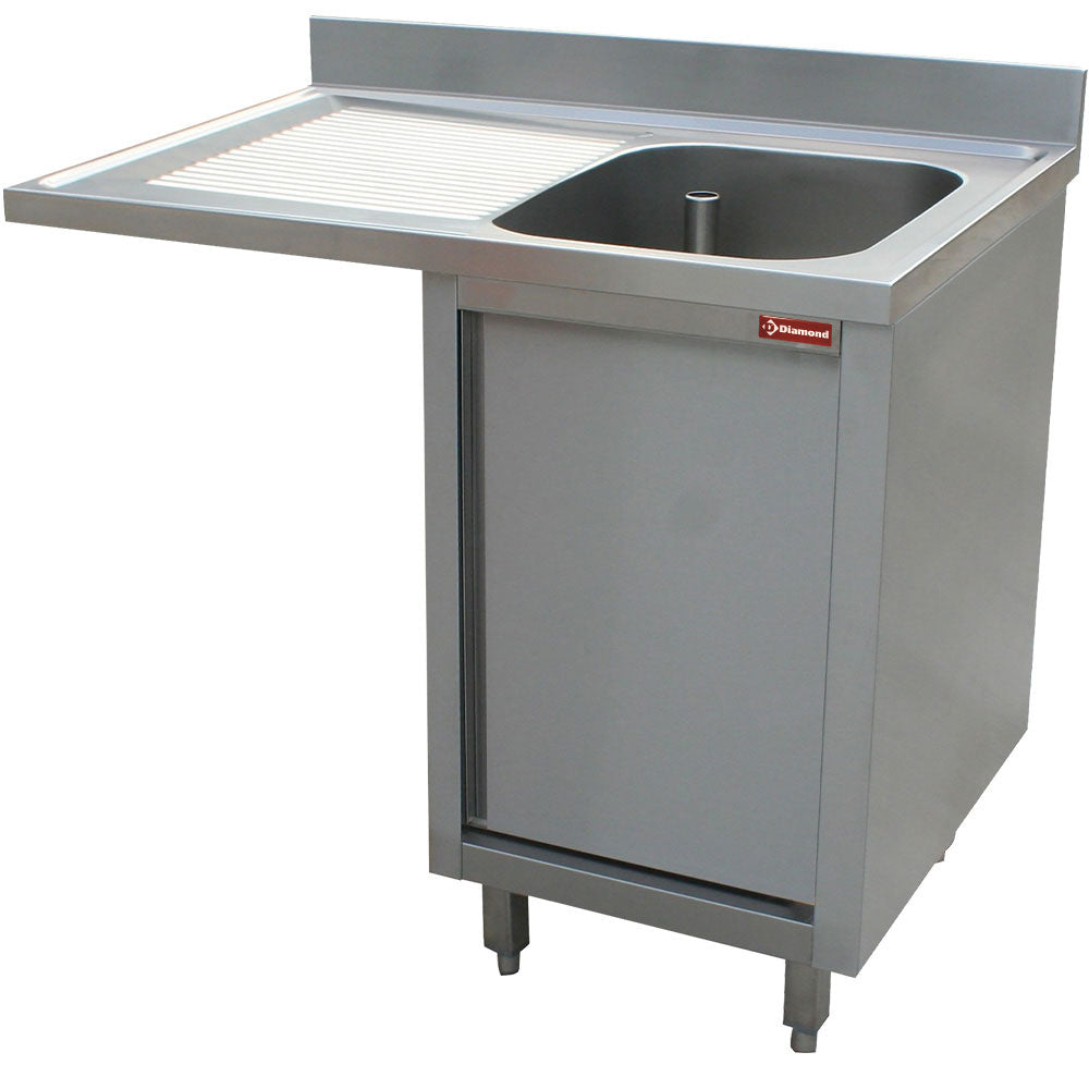 Spültisch mit einem Becken, Abtropfbrett rechts, auf Schrank mit 2 Schiebetüren und platz für Geschirr. - L1411VS-AS-D