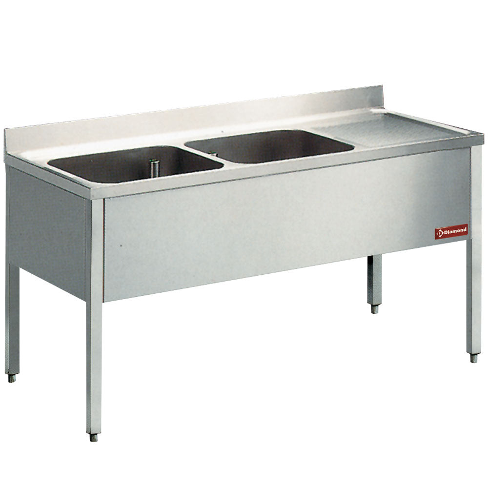 Spültisch 2 Becken, Abtropffläche auf der rechten Seite, mit Undergestell - L1620D-KD-D