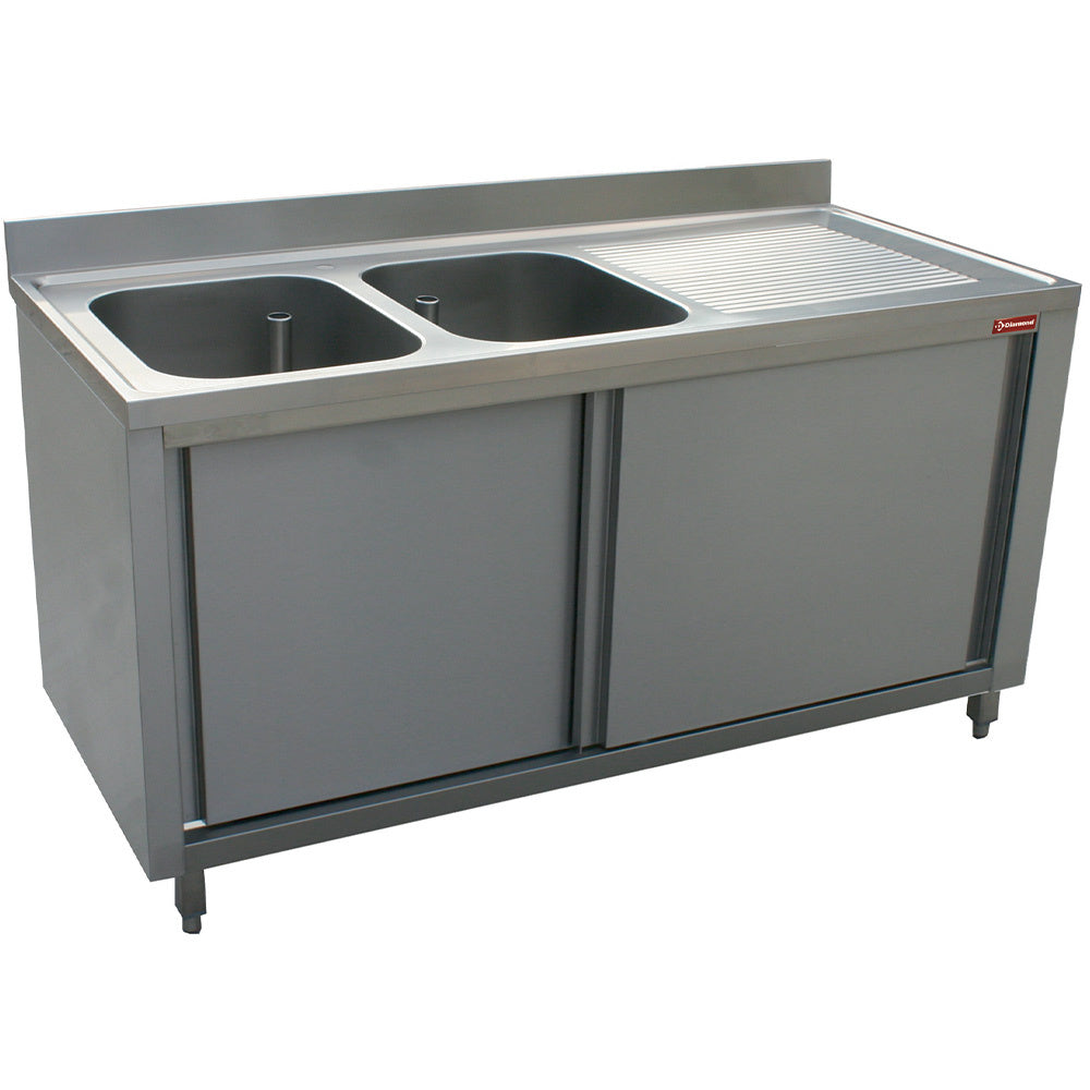 Spültisch 2 Becken 600x500x325, Ablauffläche rechts, auf Unterschrank mit 2 Schiebetüren - L2021D-AS