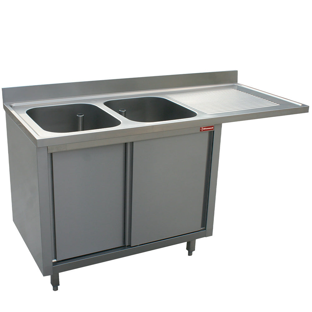 Spüle mit 2 Becken, Ablauffläche rechts, 2 Schiebetüren mit Platz für Spülmachine - L1621VD-AS-D