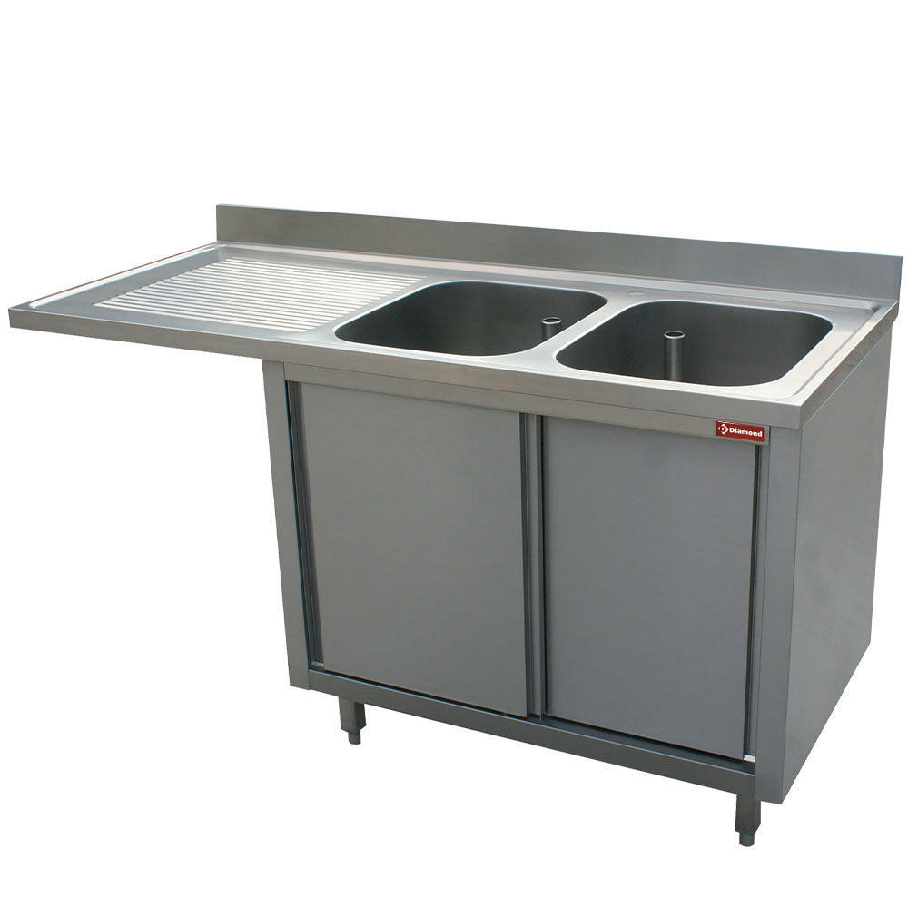 Spüle mit 2 Becken 400x500x275, Ablauffläche links, 2 Schiebetüren mit Platz für Spülmaschine - L1621VS-AS