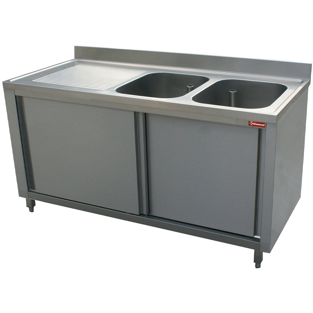 Spültisch 2 Becken 500x500x325, Ablauffläche link, auf Unterschrank mit 2 Schiebetüren - L1821S-AS-D