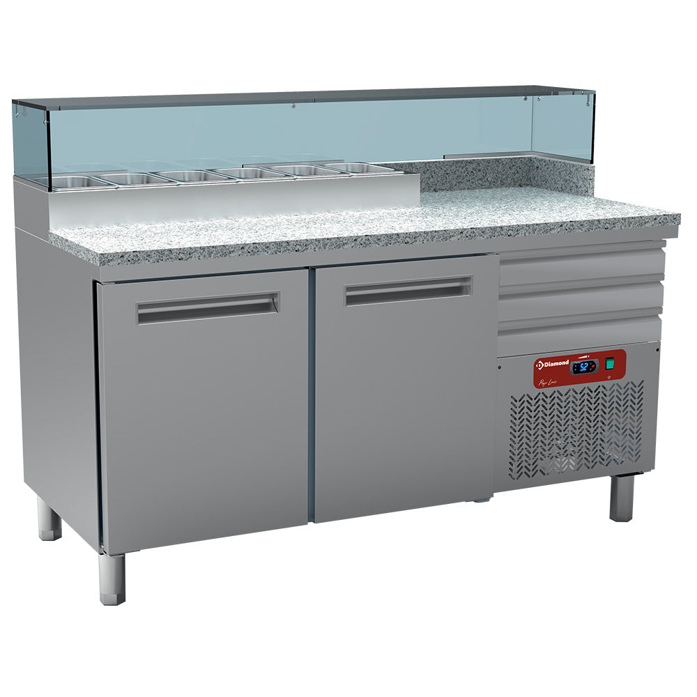 Pizzatisch 2 Türen & 3 neutrale Schubladen (EN 600x400), Kühlaufsatz 6x GN 1/4, Granit-Arbeitsplatte, 159 cm breit, Diamond MR-PIZZA
