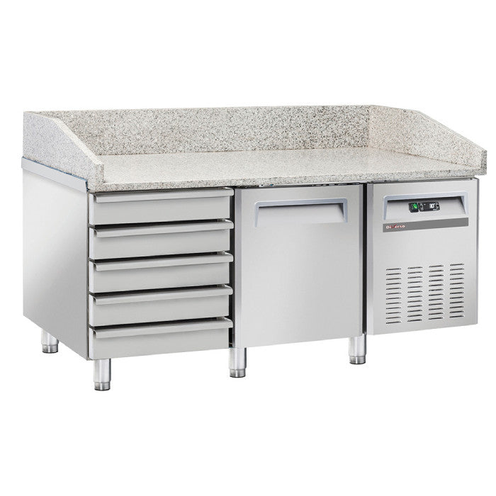 Pizzatisch 1 Tür & 5 neutrale Schubladen (EN 600x400), Granit-Arbeitsplatte, 150 cm breit, Fahrbar, Edelstahl R290