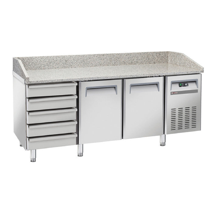 Pizzatisch 2 Türen & 5 neutrale Schubladen (EN 600x400), Granit-Arbeitsplatte, 203 cm breit, Fahrbar, Made in Europe