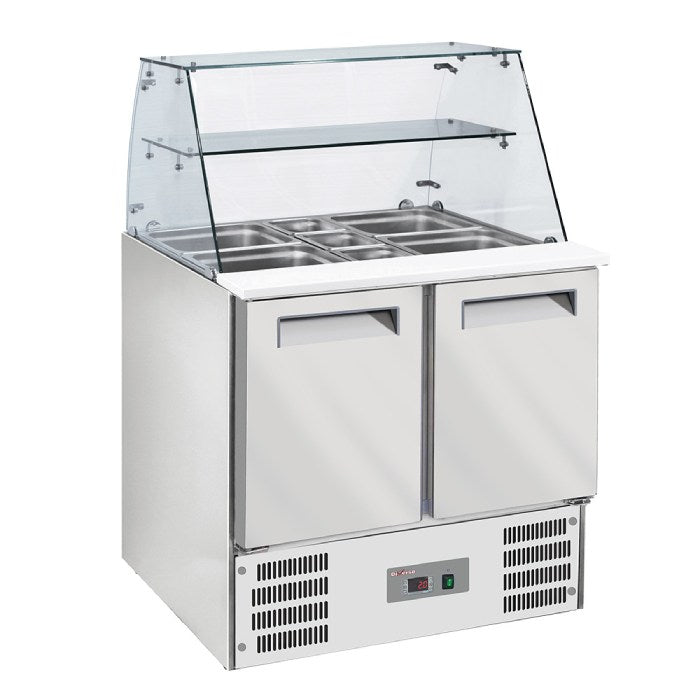 Saladette mit gewölbter Glasscheibe, 2x GN1/1+3x GN 1/6-150 mm + Reserve 2 Türen,GN 1/1