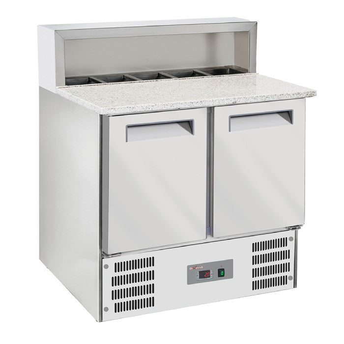 Pizzatisch 2 Türen, Granit-Arbeitsplatte & Kühlaufsatz (5x GN 1/6), 90 cm breit (Kompakt), GN 1/1 Kühlung, R600a