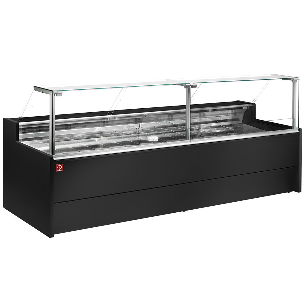 Belüftete Verkaufstheke gekühlt mit gerader Glasscheibe 90 Grad, mit Reservefach - SCHWARZ - VZ15/B5-VR2