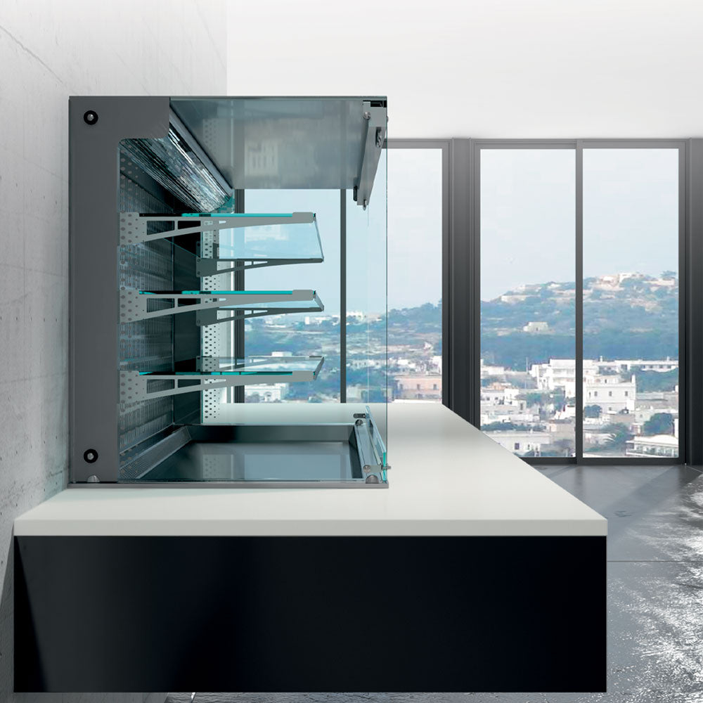 Wandaufstellung, Platte und Vitrine "viereckig" auf 3 Ebenen offen (mit Rollo), umluftgekühlt, 3x GN 1/1 - DPA/CTVA312-R2