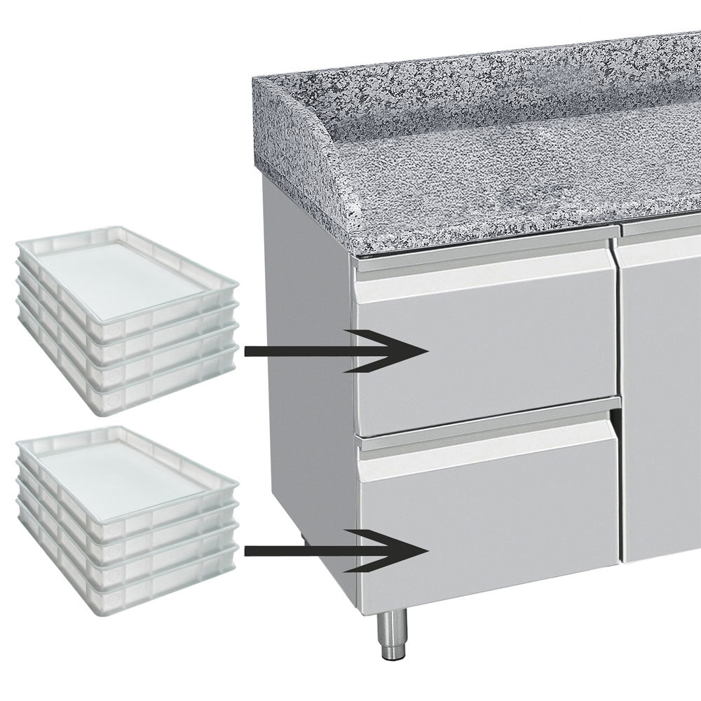 Kühltisch 3 Türen 600x400, 2 neutrale Schubladen (8x Behälter  600x400) + Schubladen für Utensilien - TP361/P9