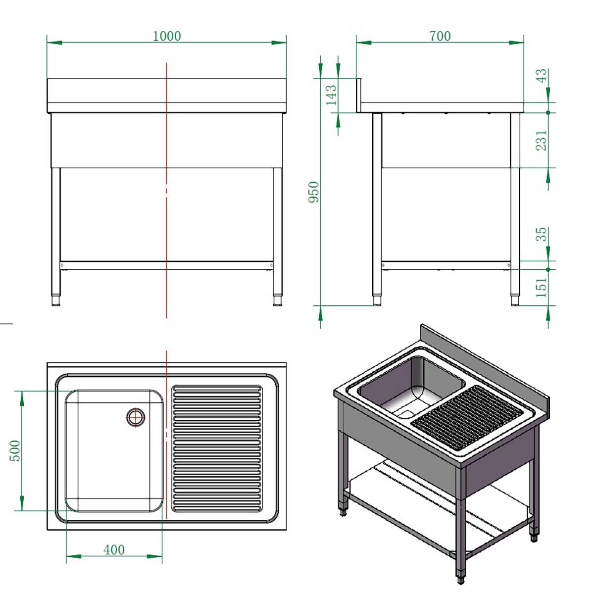 EASYLINE Spültisch 700 / 1 Becken links und Abtropffläche B:1000