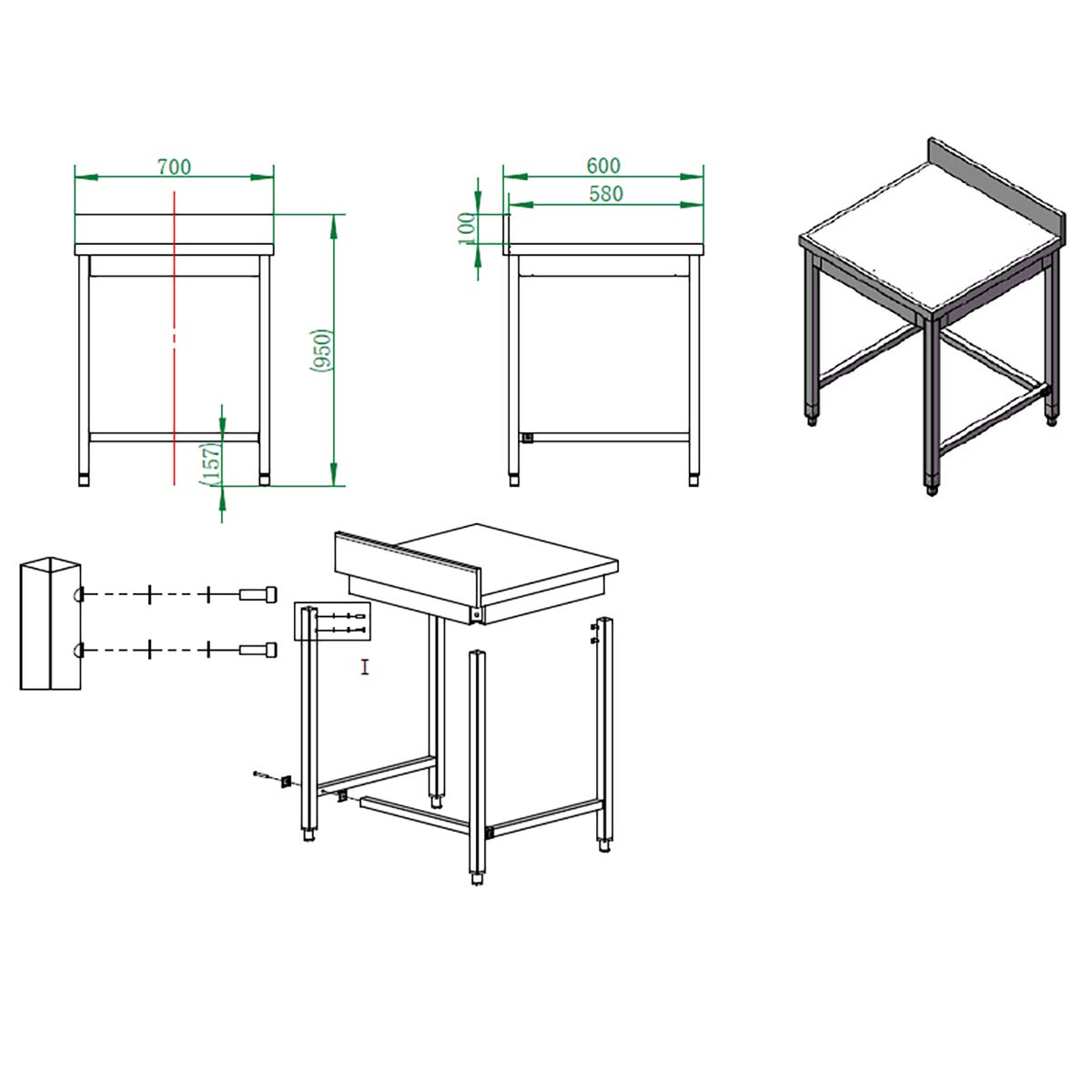 EASYLINE Arbeitstisch 600 / unterfahrbar mit Aufkantung B:700