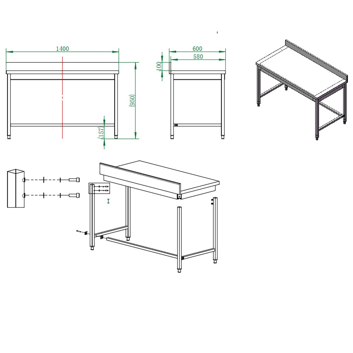 EASYLINE Arbeitstisch 600 / unterfahrbar mit Aufkantung B:1400