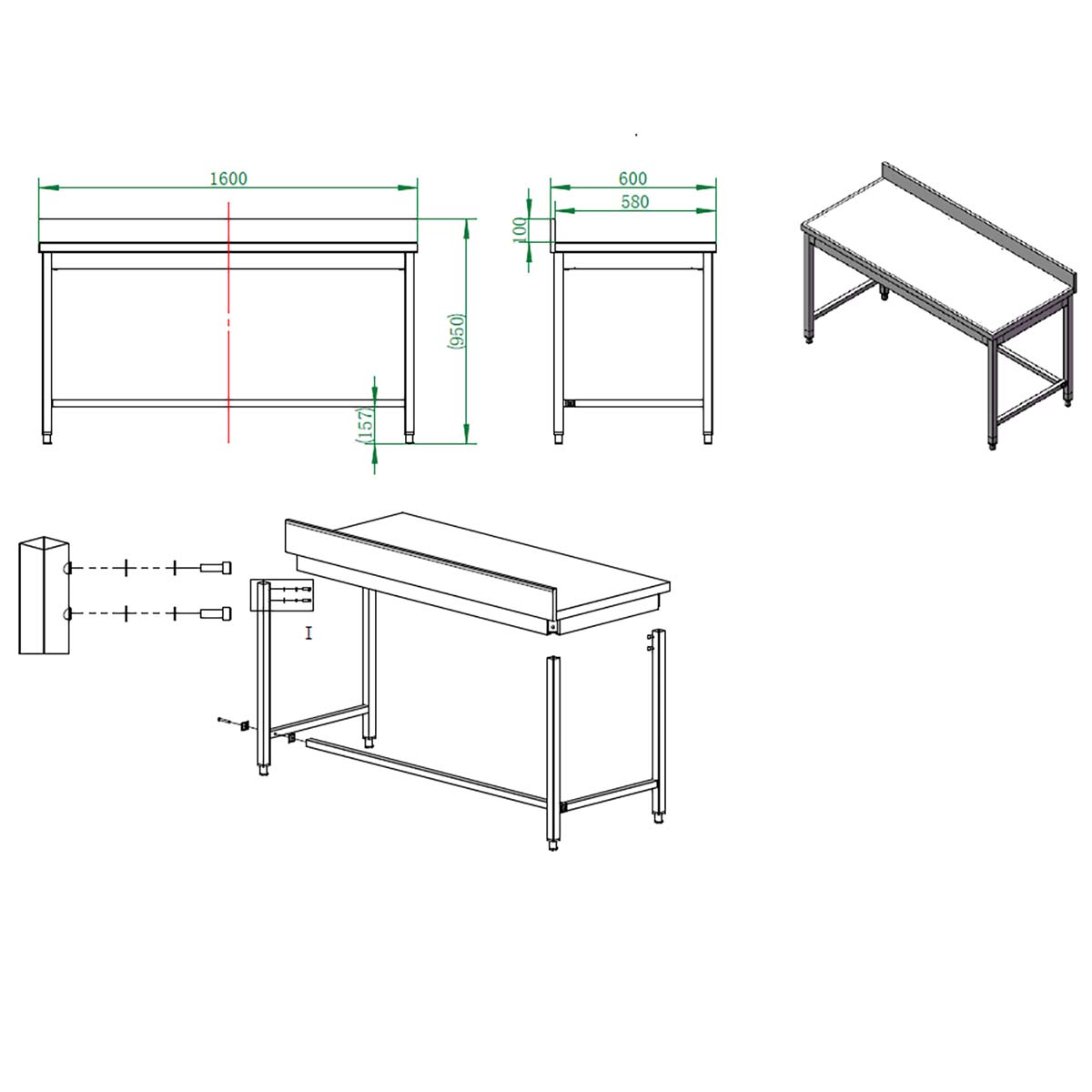 EASYLINE Arbeitstisch 600 / unterfahrbar mit Aufkantung B:1600