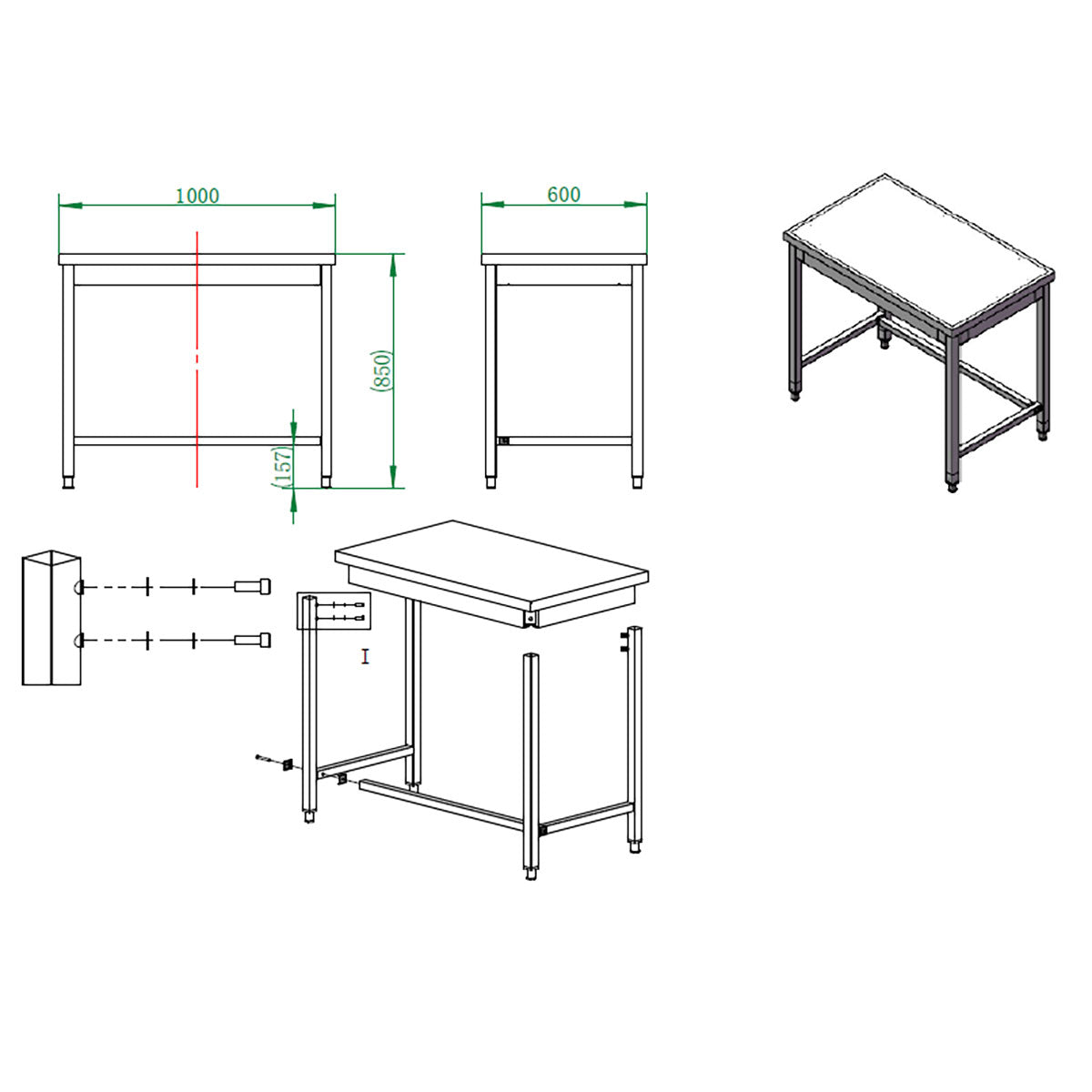 EASYLINE Arbeitstisch 600 / unterfahrbar B:1000