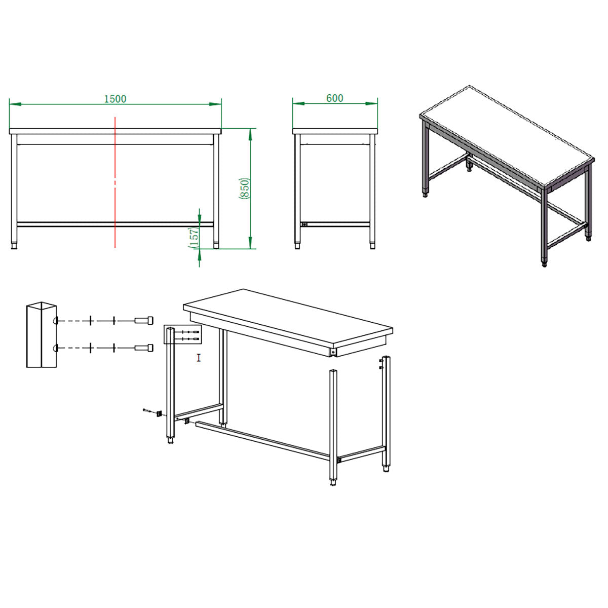 EASYLINE Arbeitstisch 600 / unterfahrbar B:1500