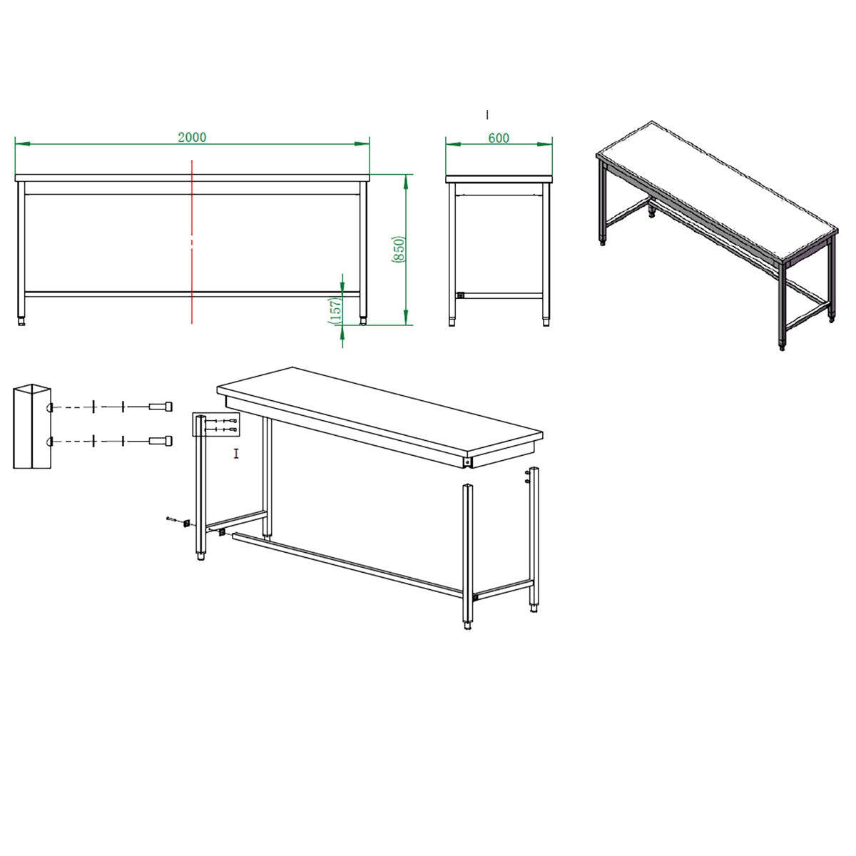 EASYLINE Arbeitstisch 600 / unterfahrbar B:2000