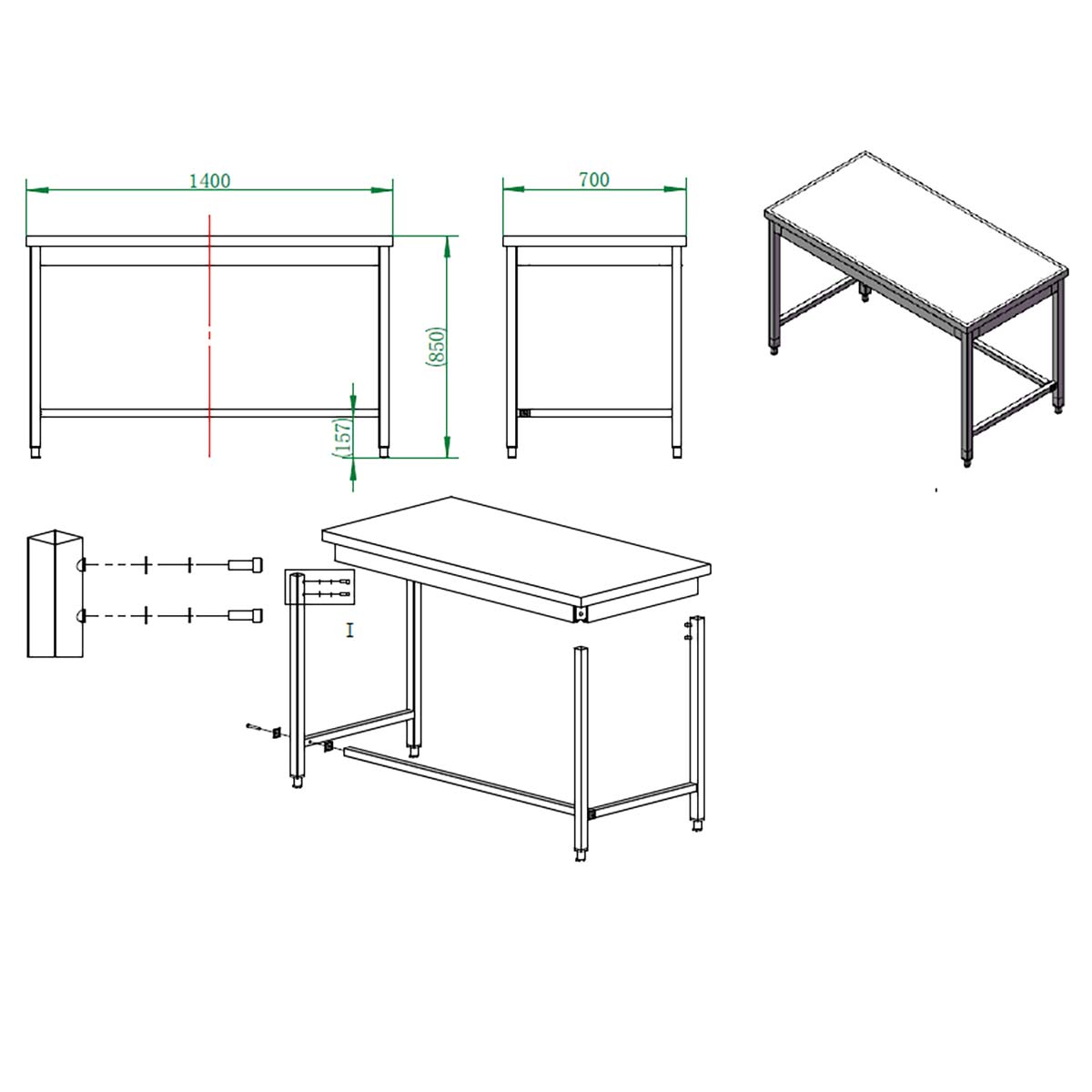 EASYLINE Arbeitstisch 700 / unterfahrbar B:1400