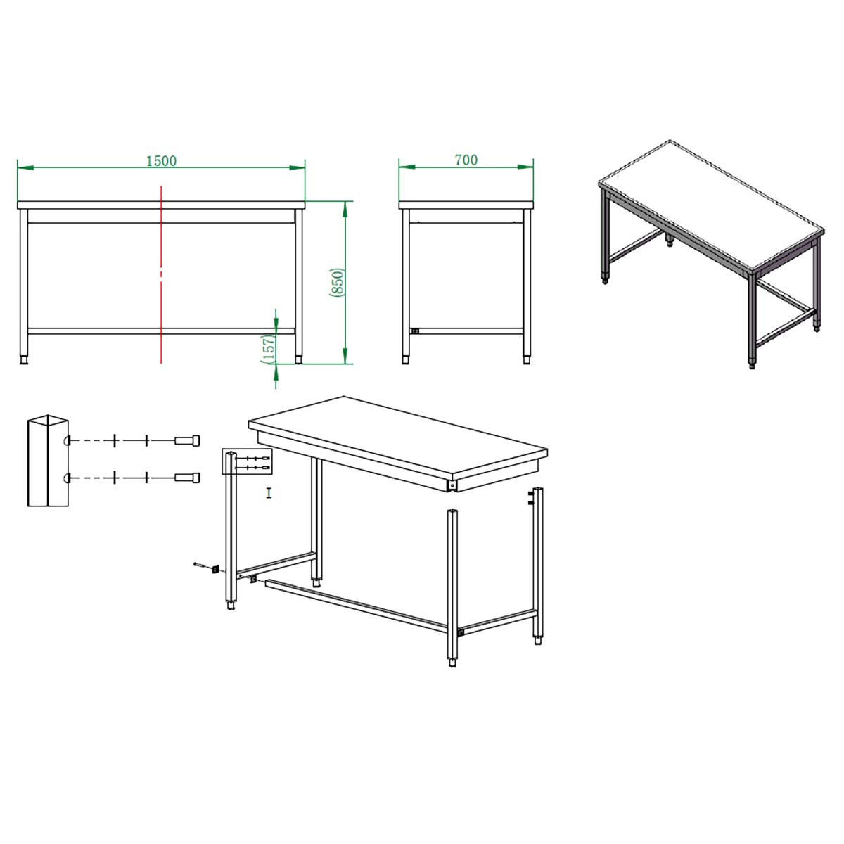 EASYLINE Arbeitstisch 700 / unterfahrbar B:1500