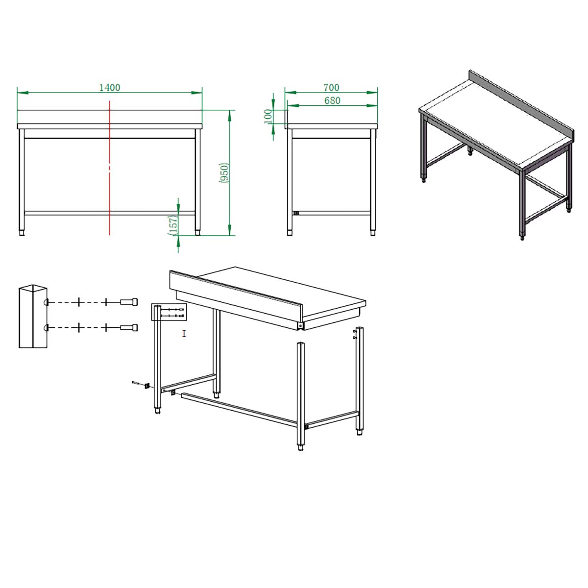 EASYLINE Arbeitstisch 700 / unterfahrbar mit Aufkantung B:1400