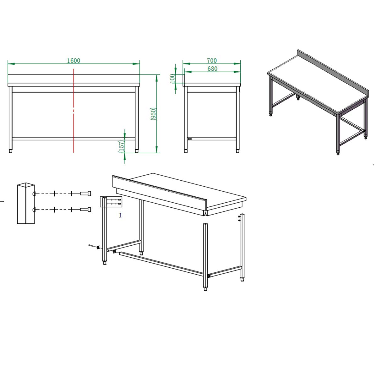 EASYLINE Arbeitstisch 700 / unterfahrbar mit Aufkantung B:1600