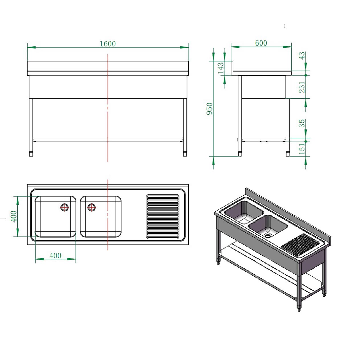 EASYLINE Spültisch 600 / 2 Becken links und Abtropffläche B:1600