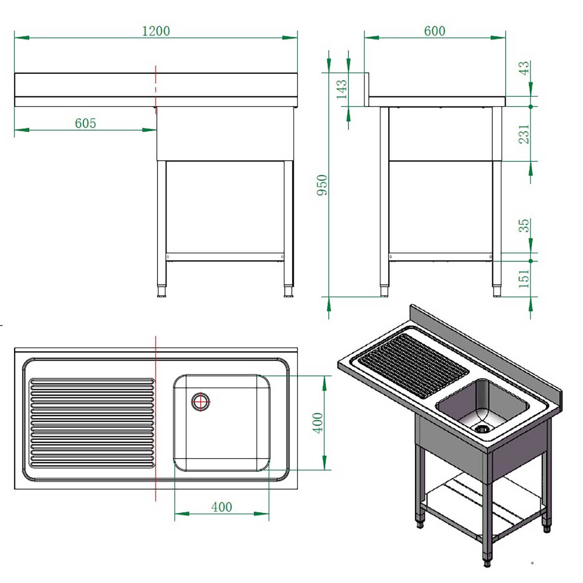 EASYLINE Spülcenter 600 / 1 Becken rechts B:1200