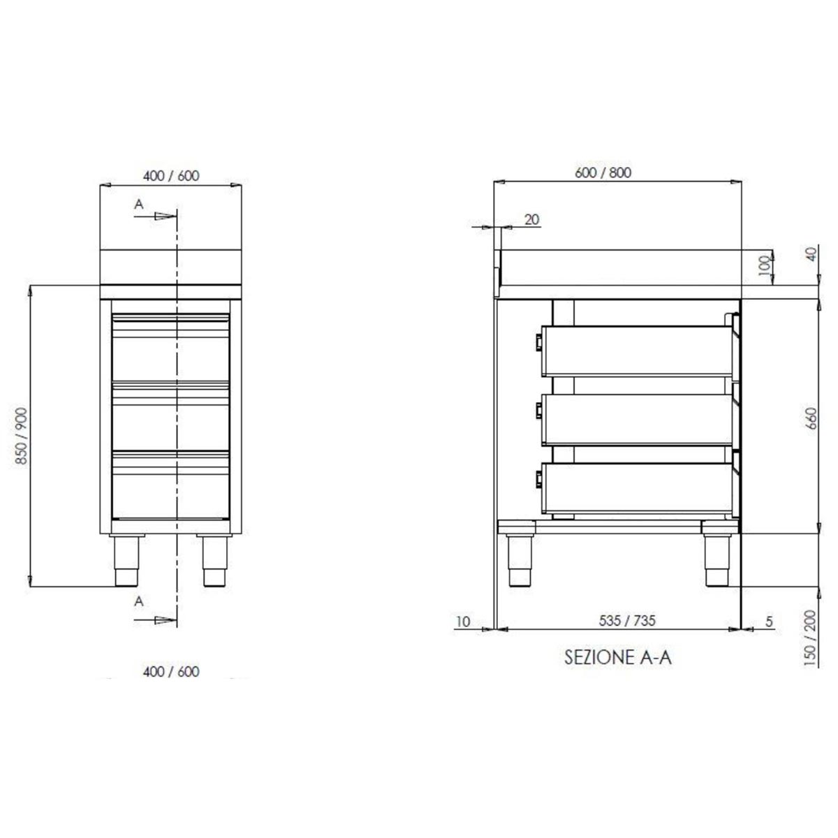 TOPLINE Schubladenschrank 600 / 3 Schubladen & Aufkantung B:400