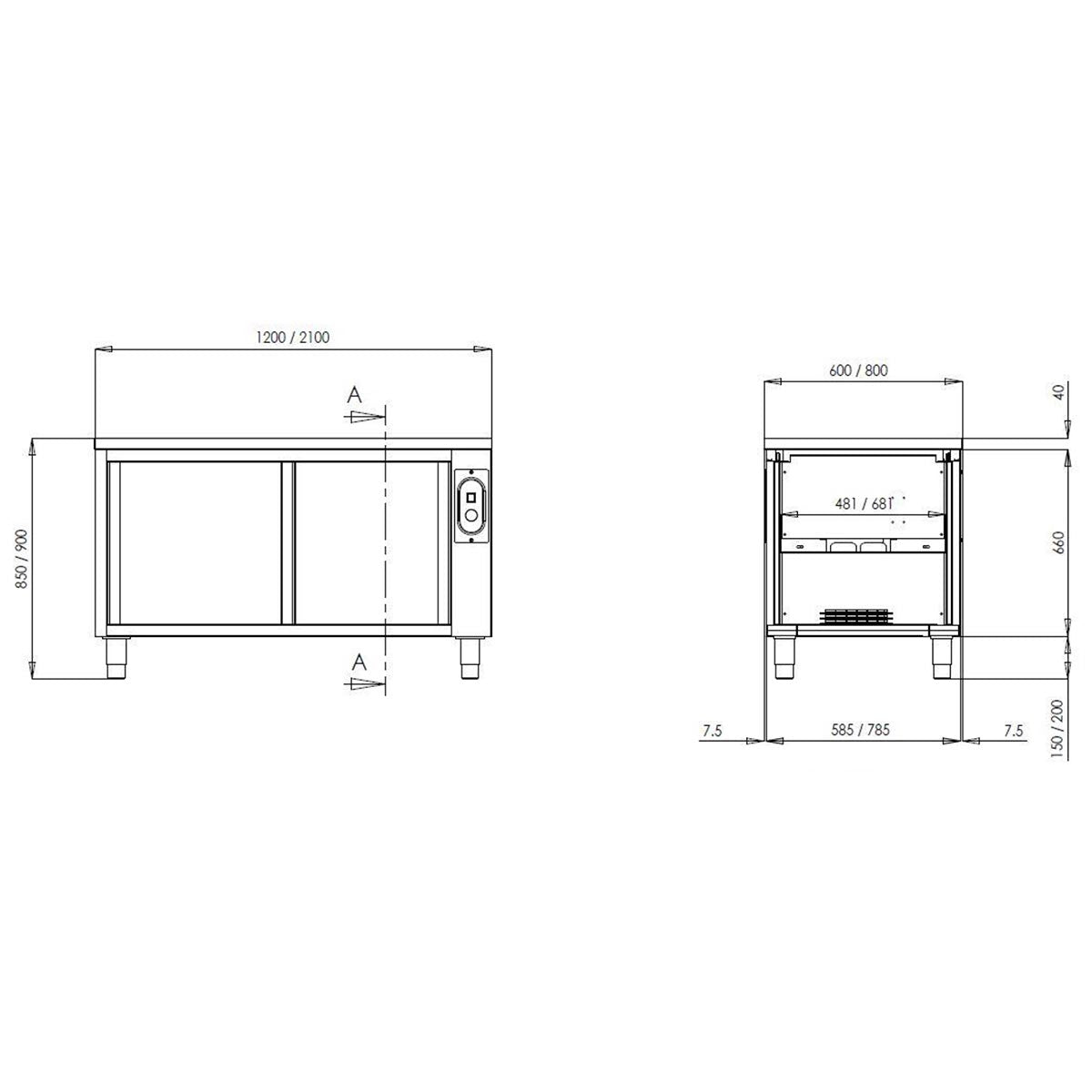 TOPLINE Wärmeschrank 700 / 2 Schiebetüren B:1500