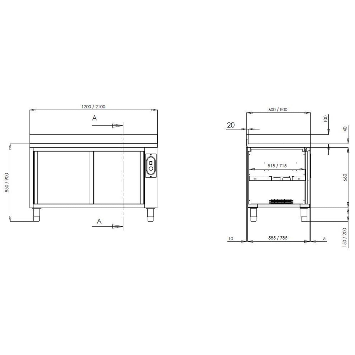 TOPLINE Wärmeschrank 700 / 2 Schiebetüren & Aufkantung B:1400