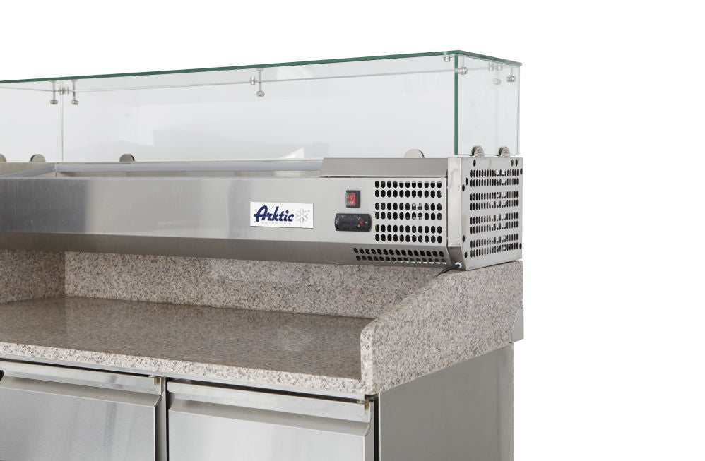 Pizzatisch, dreitürig mit Aufsatzkühlvitrine 380+40L