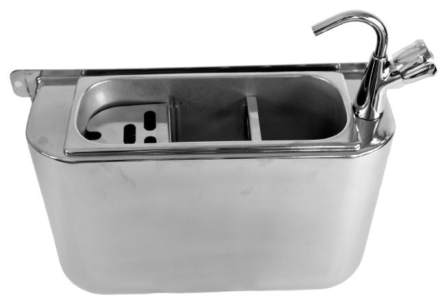SPÜLBECKE FÜR EISLÖFFEL MIT WASSERHAHN 410X120X270  MIT WASSERABLAUFLOCH, WASSERANSCHLUSS UND ÜBERLAUFROHR