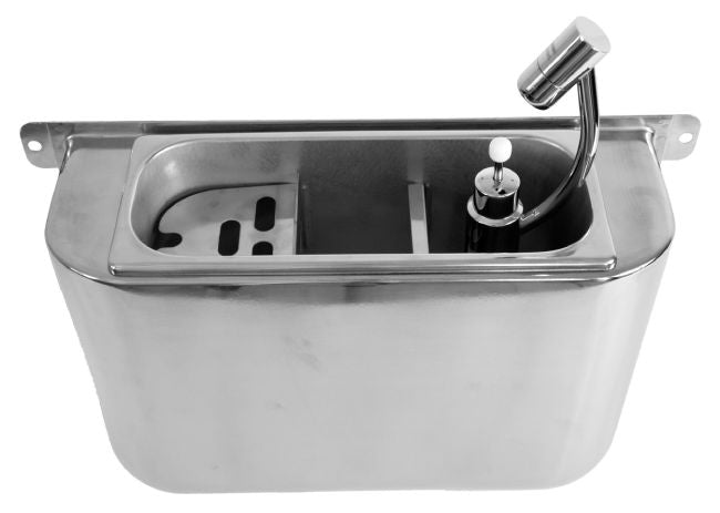 SPÜLBECKE FÜR EISLÖFFEL MIT EISLÖFFELDUSCHE 410X120X270  MIT WASSERABLAUFLOCH, WASSERANSCHLUSS UND ÜBERLAUFROHR