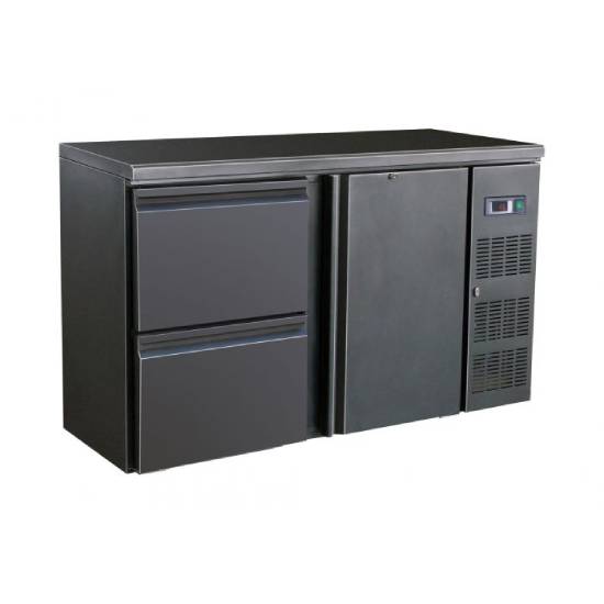 Barkühler / Barkühlschrank schwarz mit 1 Tür und 2 Schubladen