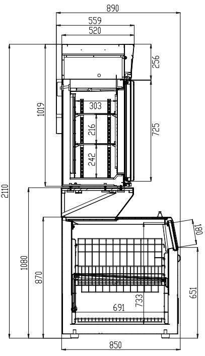 Wandtiefkühlung schwarz, 3 Glastüren, 546 / 900 Liter