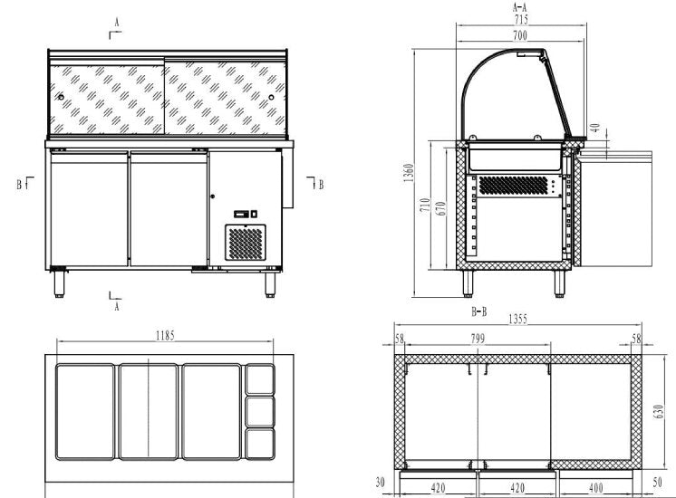 700 Kühltisch / Salattheke mit Aufsatzglas und 2 Türen 3X 1/1 + 3X 1/6 GN - Behälter Premium +