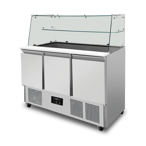 Saladette mit Glasabdeckung 3 TÃ¼ren Statische KÃ¼hlung 137x70x85(h)cm