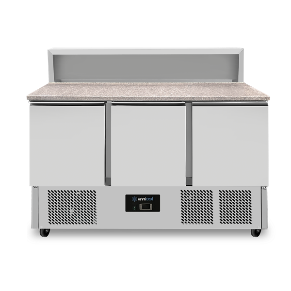 Pizza-Arbeitsbank, 3-TÃ¼rig (GN 1/1), mit 8 Ã— GN 1/6 Ablage +2Â°C bis +8Â°C