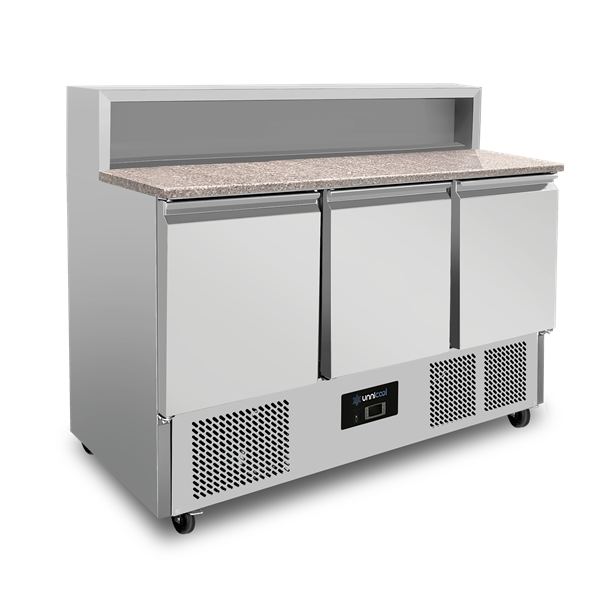Pizza-Arbeitsbank, 3-TÃ¼rig (GN 1/1), mit 8 Ã— GN 1/6 Ablage +2Â°C bis +8Â°C