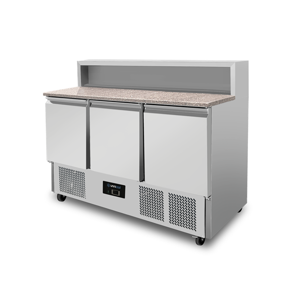 Pizza-Arbeitsbank, 3-TÃ¼rig (GN 1/1), mit 8 Ã— GN 1/6 Ablage +2Â°C bis +8Â°C