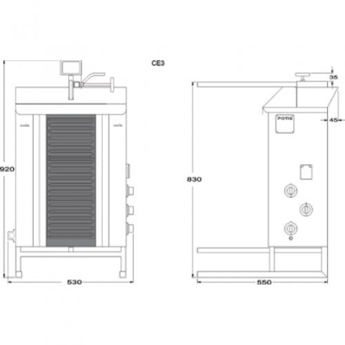 Potis CE3 Elektro Dönergrill, Ceran Gyrosgrill, 30kg Kapazität, 5,7kW 400V, Motor oben, Edelstahl Gastro