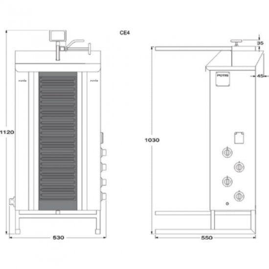 Potis CE4 Elektro Dönergrill, Ceran Gyrosgrill, 70kg Kapazität, 7,6kW 400V, Motor oben, Edelstahl Gastro