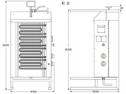 Potis E2 Elektro Dönergrill, Gyrosgrill Motor oben, 30kg Kapazität, 6kW 400V, Edelstahl Gastro