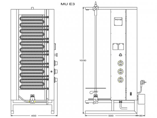 Potis MU E3 Elektro Dönergrill, 9kW Gyrosgrill 400V, Motor unten, 50kg Kapazität, Edelstahl Gastro