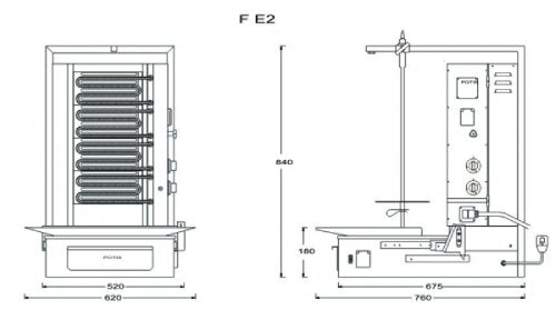 Potis F E2 Elektro Dönergrill, Gyrosgrill Motor unten, 30kg Kapazität, 6kW 400V, Edelstahl Gastro