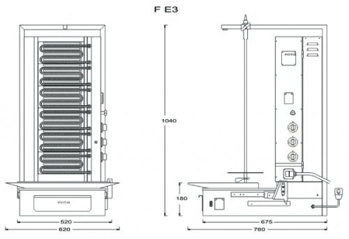 Potis F E3 Elektro Dönergrill, Gyrosgrill Motor unten, 50kg Kapazität, 9kW 400V, Edelstahl Gastro
