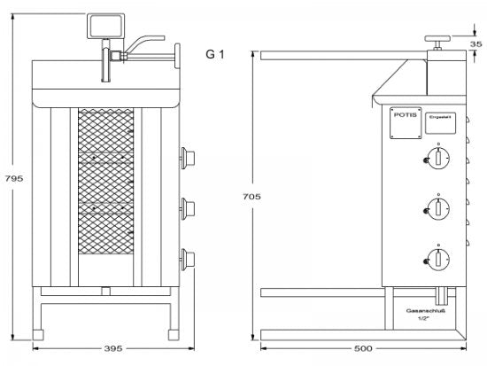 Potis G1 Gas Dönergrill, 1 Brenner Gyrosgrill, Motor oben, 15kg Kapazität, 5,25kW, Edelstahl Gastro