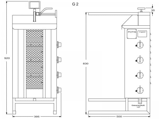 Potis G2 Gas Dönergrill, 2 Brenner Gyrosgrill, Motor oben, 30kg Kapazität, 7kW, Edelstahl Gastro