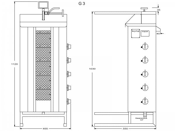Potis G3 Gas Dönergrill, 3 Brenner Gyrosgrill, Motor oben, 50kg Kapazität, 8,75kW, Edelstahl Gastro